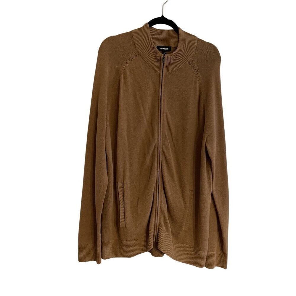 Express Men Sz XL Camel Brown Long Sleeve Full Zip Front Mock Neck Sweater